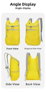 Multi-angle view of lightweight yellow waterproof nylon backpack showing front and side details