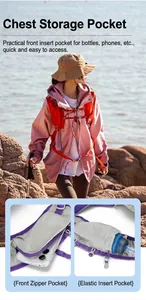 Detail of pink hiking vest showing secure zipper phone pocket and elastic water bottle pouch