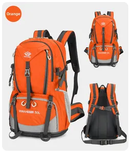 Zaino da trekking impermeabile arancione 50L con sistema di trasporto e tasche laterali