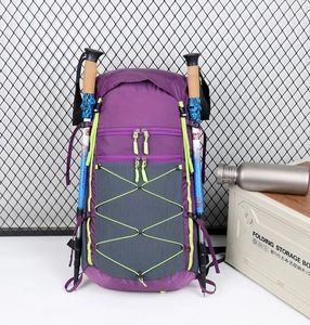 Close-up of a purple outdoor hiking backpack with trekking poles and elastic gear loops