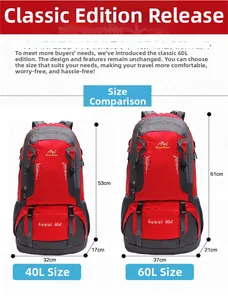 Size comparison chart for 40L and 60L outdoor hiking backpacks with specific dimensions