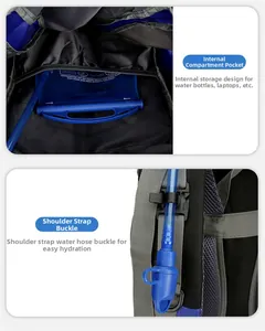 Detailed view of the internal storage compartment and hydration tube clip on hiking backpack