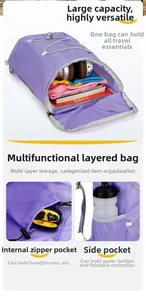 Macro detail of purple folding backpack showing main compartment and interior zipper pocket