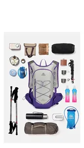 Flat lay display of a gray-purple 18L outdoor hiking backpack with professional gear