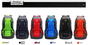 Outdoor 60L hiking backpacks shown in six vibrant colors with waterproof fabric