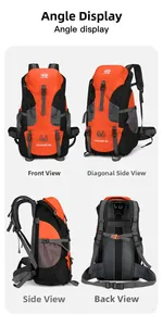 Detailed views of a 60L orange hiking backpack showing front, side, and breathable back system