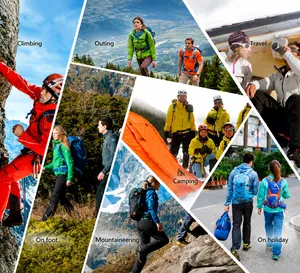 Outdoor hiking backpacks displayed in blue black and red for trekking and camping scenes