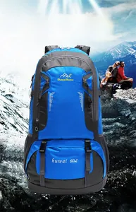 Detailed view of a 60L waterproof hiking backpack with blue and grey tear-resistant fabric