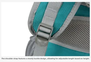 Detail of adjustable shoulder strap with durable buckle and breathable mesh on cycling backpack