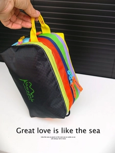 Detail of color-block water-resistant nylon shoulder bag with multi-zipper pockets