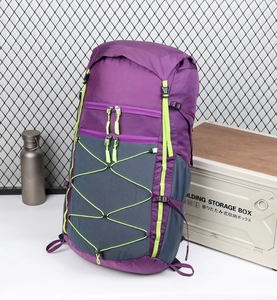 Detail view of purple outdoor backpack with compression straps and bungee cord system