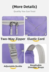 Detail view of the zipper, bungee system, buckle, and mesh strap on a purple sport backpack