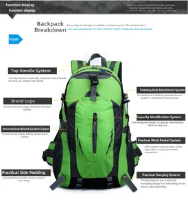 Detail view of green hiking backpack showing reinforced handles and trekking pole clips