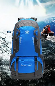 Detail of 60L hiking backpack with waterproof nylon, side mesh pockets and buckles