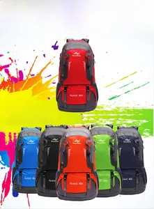 Outdoor 60L hiking backpack detail showing six vibrant colors and durable nylon fabric