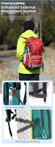 Dettaglio delle cinghie esterne e attacco per bastoncini su zaino da trekking 50L