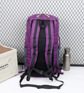 Detail of ergonomic purple hiking backpack with breathable mesh back and S-shaped straps