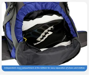 Outdoor backpack detail showing a separate bottom shoe compartment for organized storage
