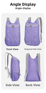 Four different views of a purple lightweight waterproof folding sports backpack