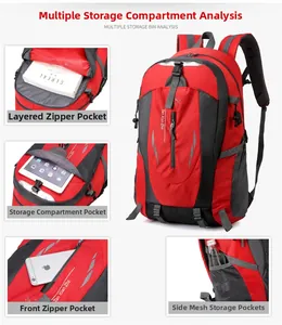 Detailed layout showing internal storage compartments and mesh side pocket of the backpack