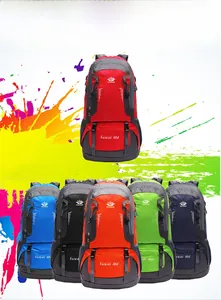 Outdoor 60L hiking backpack detail showing multiple colors and large capacity compartments