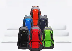 Outdoor 60L hiking backpacks shown in six vibrant colors on a clean white background