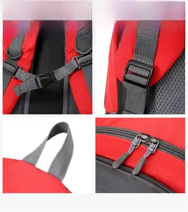 Detail of red hiking backpack featuring breathable mesh back and adjustable buckles