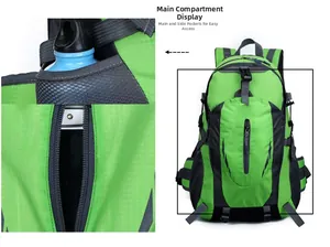 Detail view of the green outdoor backpack showing spacious main compartment and side mesh pocket