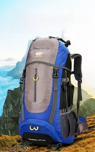 Close-up of 70L hiking backpack showing side mesh pocket and nylon straps