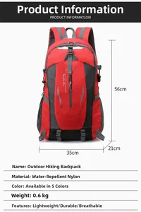 Outdoor hiking backpack detail with 56x35x21cm dimensions and water-repellent nylon material