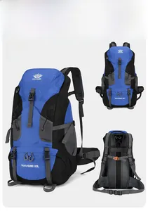 Detail view of 60L blue hiking backpack featuring ergonomic suspension and adjustable straps