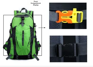 Detail of outdoor backpack featuring survival whistle buckle and adjustable compression straps