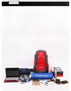 Detailed internal storage view of 60L red hiking backpack with outdoor gear and gadgets