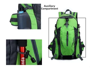 Detailed views of hiking backpack features including mesh side pocket and trekking pole mounts