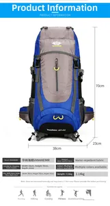 Detailed blue 65+5L hiking backpack view showing 38x23x70cm size and waterproof nylon fabric