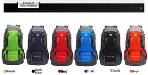 Outdoor 60L hiking backpacks shown in green, blue, red, black, and orange colors