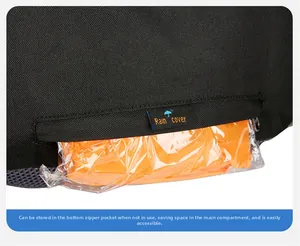 Close-up of hiking backpack bottom zipper pocket with integrated orange rain cover storage