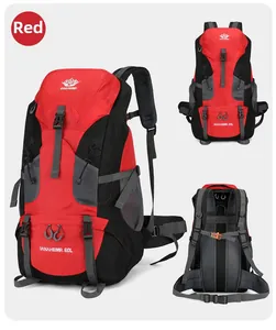 Three-way view of 60L red hiking backpack showing front, side, and padded back support system