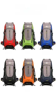 Detailed grid view showing six colors of the 65+5L waterproof hiking backpack with side mesh