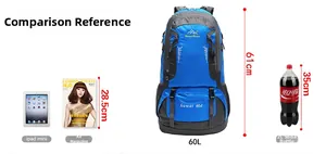 60L hiking backpack size comparison with A4 magazine and 2L cola bottle for scale