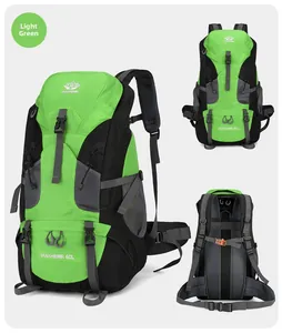 60L light green hiking backpack detail showing ergonomic straps and orange safety whistle
