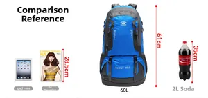 Size comparison of 60L hiking backpack with A4 magazine and 2L bottle for scale
