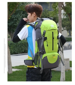 Detail view of large capacity hiking backpack with ergonomic waist support and nylon fabric