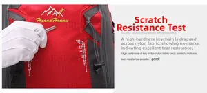 Detail showing scratch-resistant nylon fabric of the hiking backpack with key test