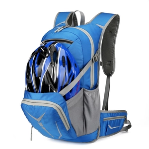Blue cycling backpack with large helmet compartment and reflective safety strips