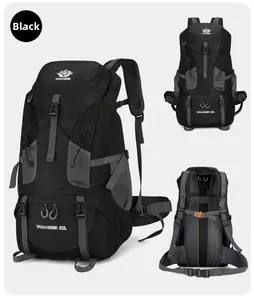 Detailed views of 60L black hiking backpack with ergonomic breathable back system