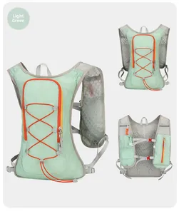 Detailed three-view layout of light green hydration backpack with breathable mesh and straps