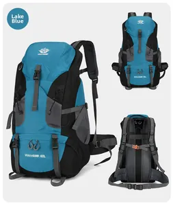 Lake blue 60L outdoor hiking backpack with ergonomic harness and multiple compartments