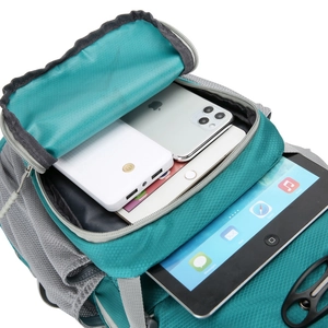 Teal and grey cycling backpack with multi-layer storage compartments for electronics