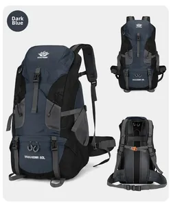 Detailed 60L hiking backpack showing dark blue 3D structure and ergonomic back panel
